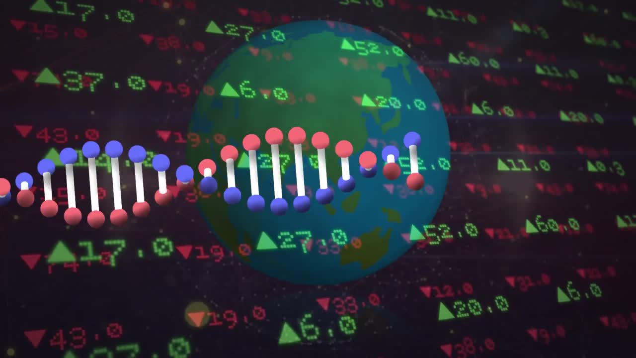 animación del procesamiento de datos sobre la cadena de adn y el globo