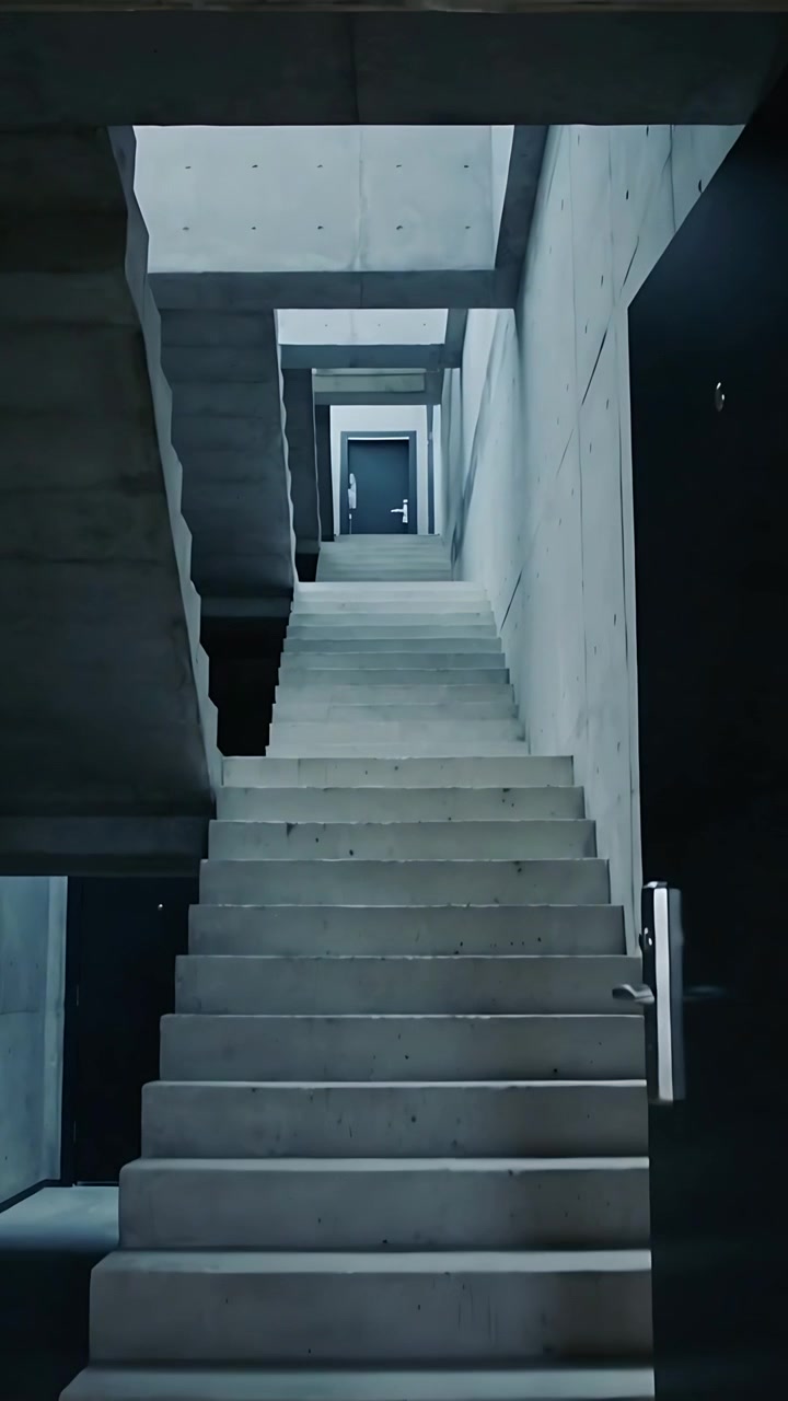Vertical video: Camera moving upward from open metal door showing concrete stairs and distant door