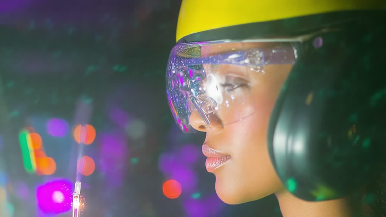 An Intriguing Study in Focus: A Close-Up of a Young Woman with Safety Gear, Immersed in a Vibrant Environment, Contemplating the Dynamics of Light and Color in a Fascinating Setting
