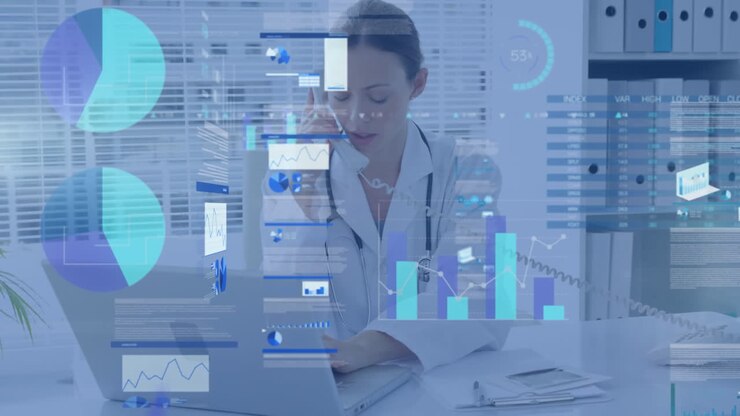 Animation of data processing with woman in background