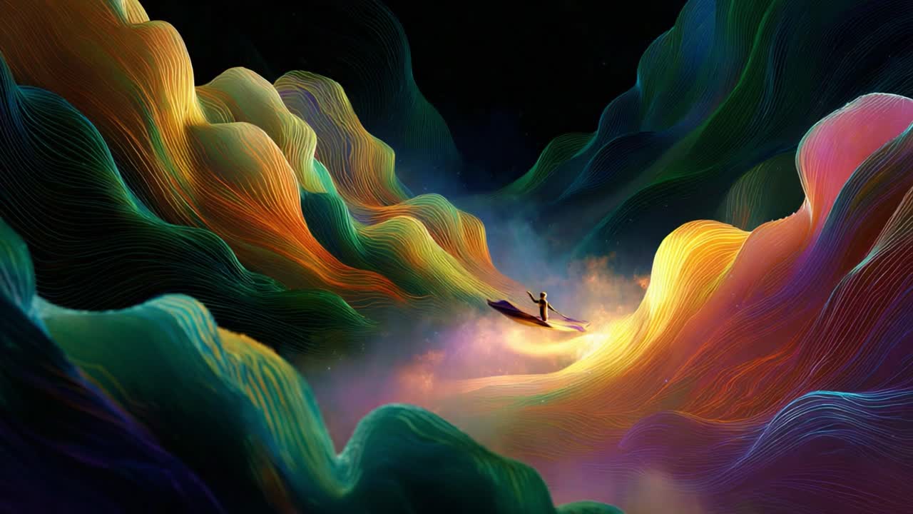 A Dreamlike Journey Through Colorful Waves: An Artistic Representation of Serenity and Exploration, Capturing the Essence of Adventure in a Vibrant, Ethereal Landscape