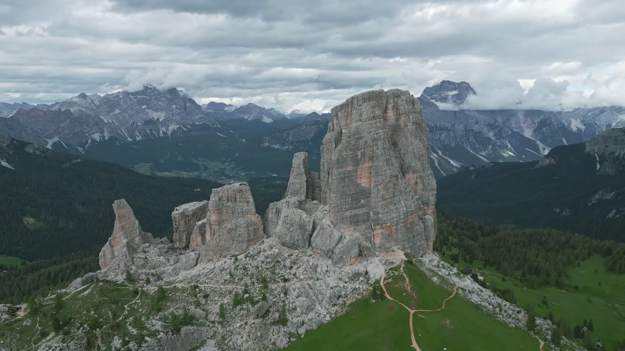 Aerial view of mountain landscape in the Dolomites, Italy on a sunny day