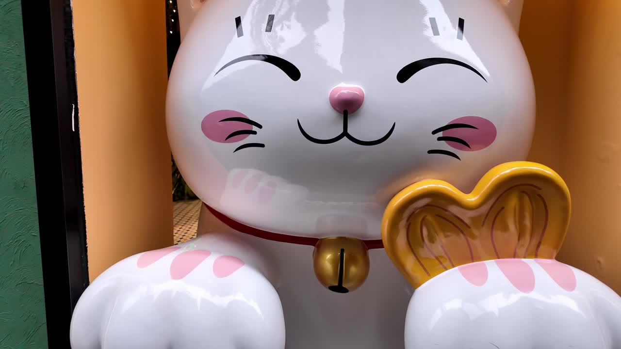 상하이의 티안지의 예술적 분위기를 탐구하십시오. 상징적인 행운의 고양이인 마네키 네코의 매혹적인 느린 속도 클로즈업으로.