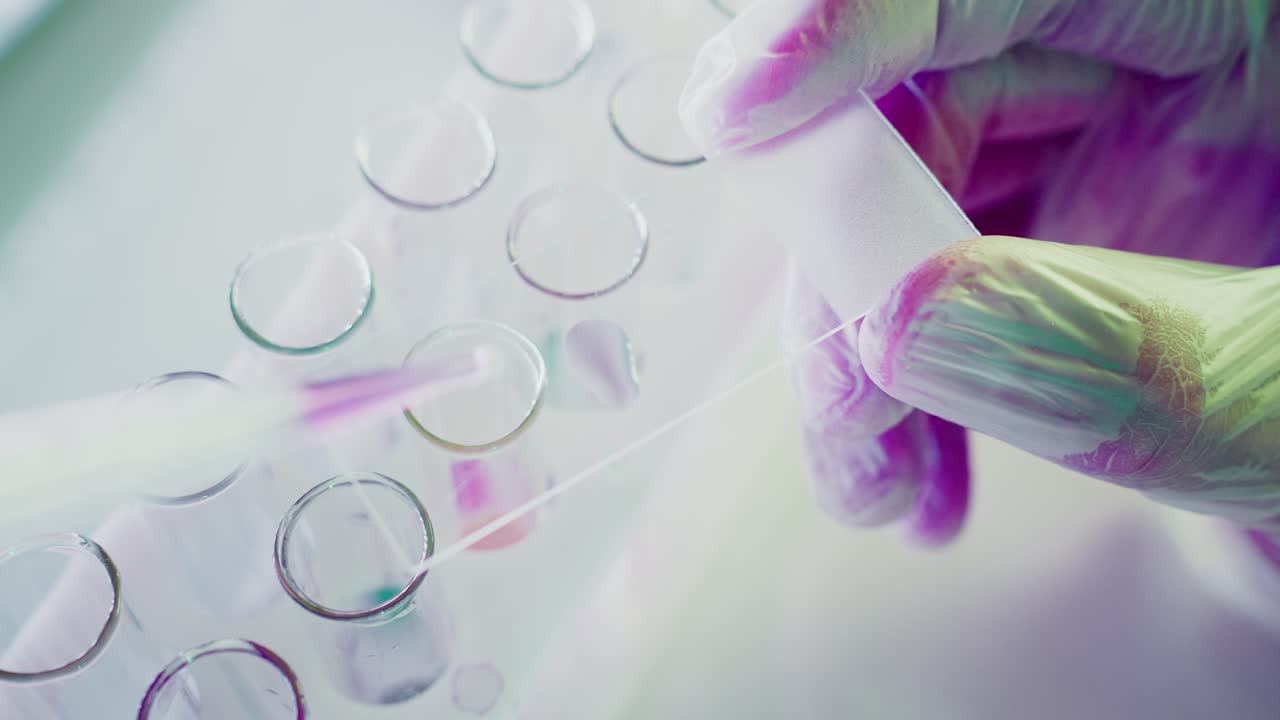 Gloved Hand Pipetting Liquid into Test Tubes in a Laboratory