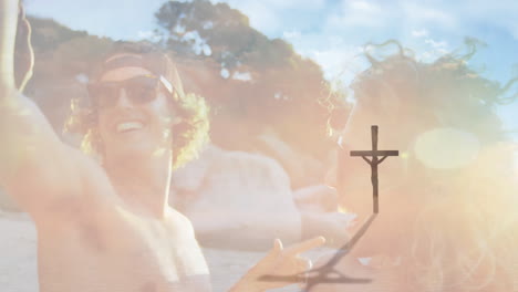 animation overlaying sunny scene, young people having fun on beach day