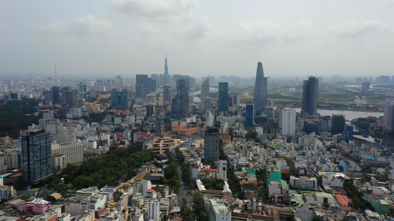 Aerial view of Ho Chi Minh, high view to downtown and Saigon river