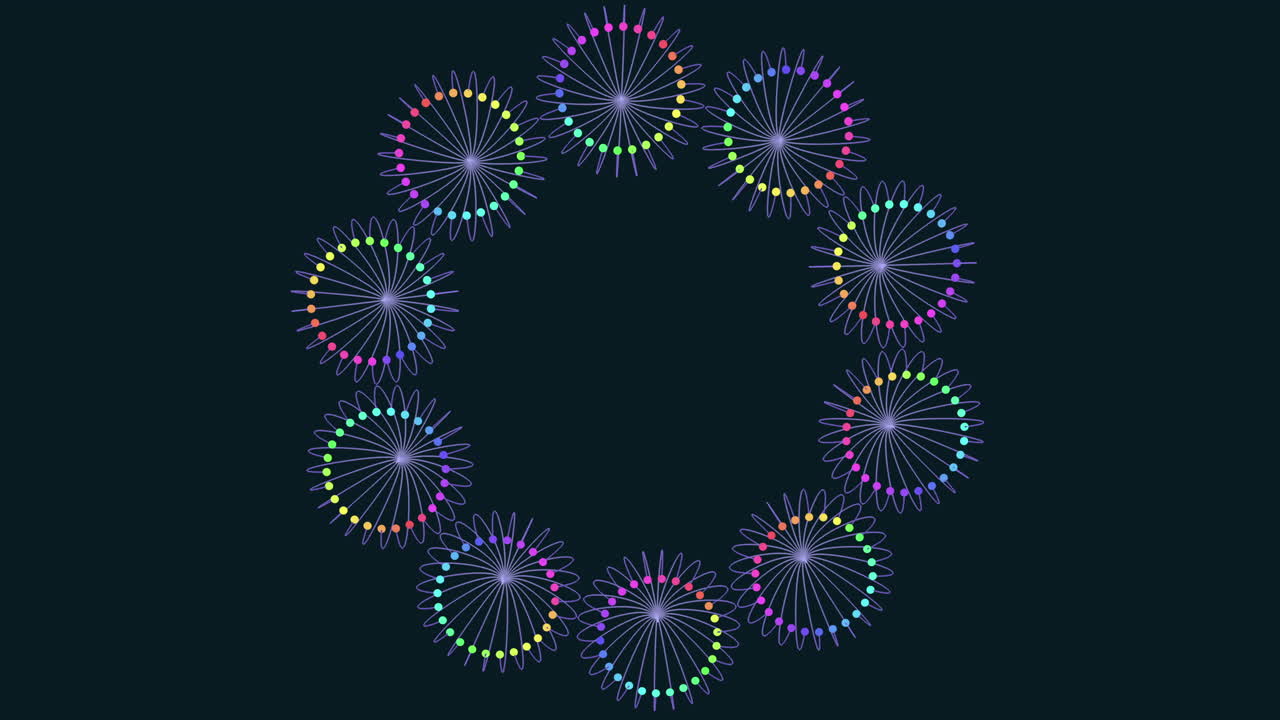 Filmato astratto vibrante con un loop di punti color arcobaleno rotanti che formano motivi geometrici circolari su uno sfondo scuro, ideale come elemento grafico in movimento moderno o sfondo dinamico.