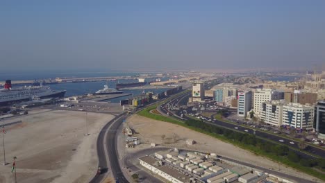 aerial view of a coastal city and port