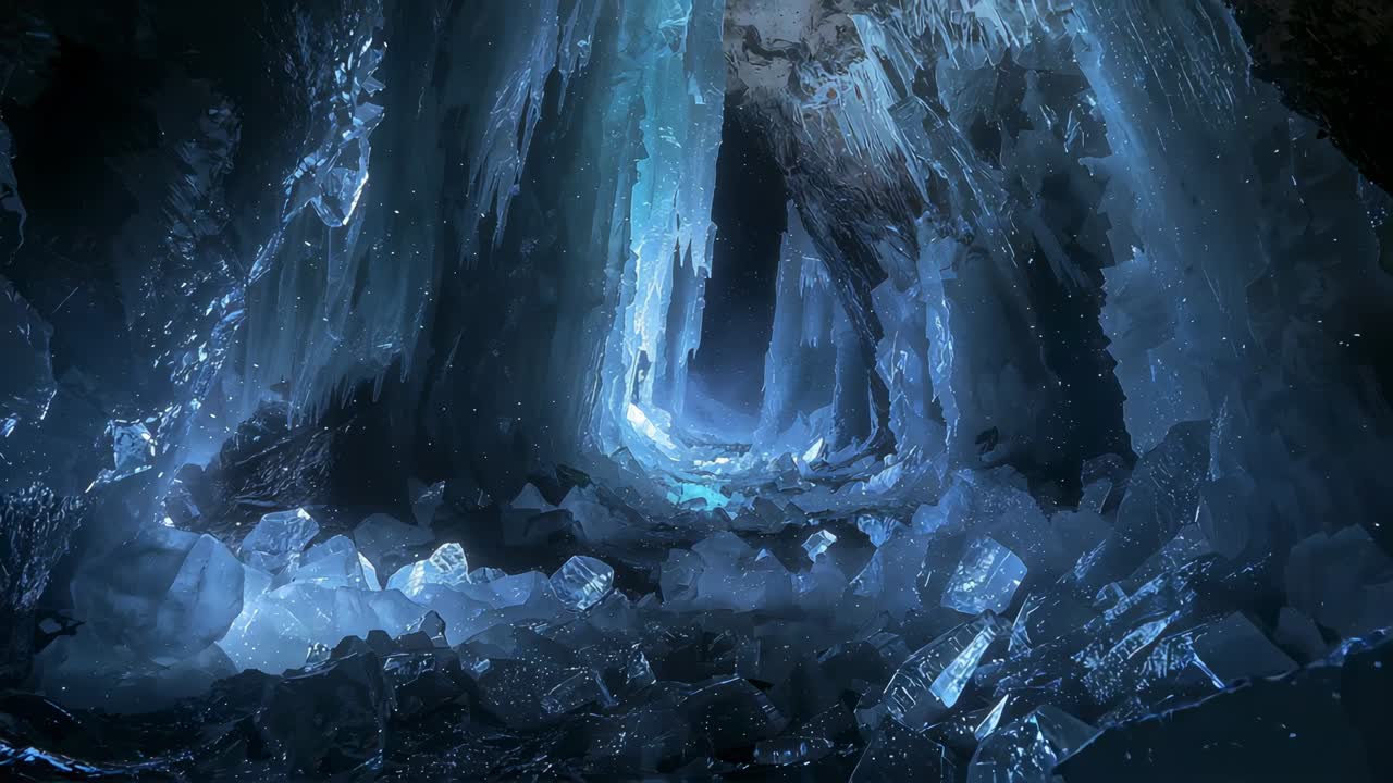 After pause, camera gliding through ice cave toward exit with hanging icicles and reflective pool