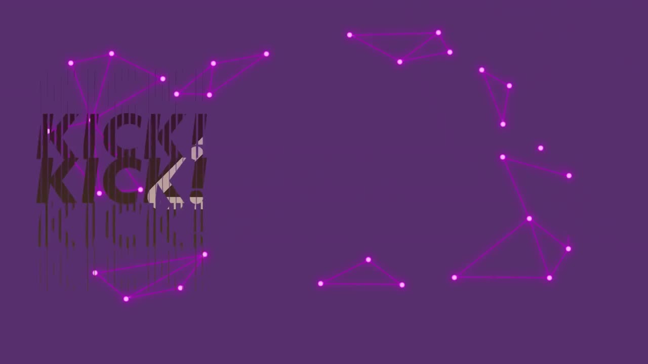 animación de texto de patada sobre formas en fondo púrpura.