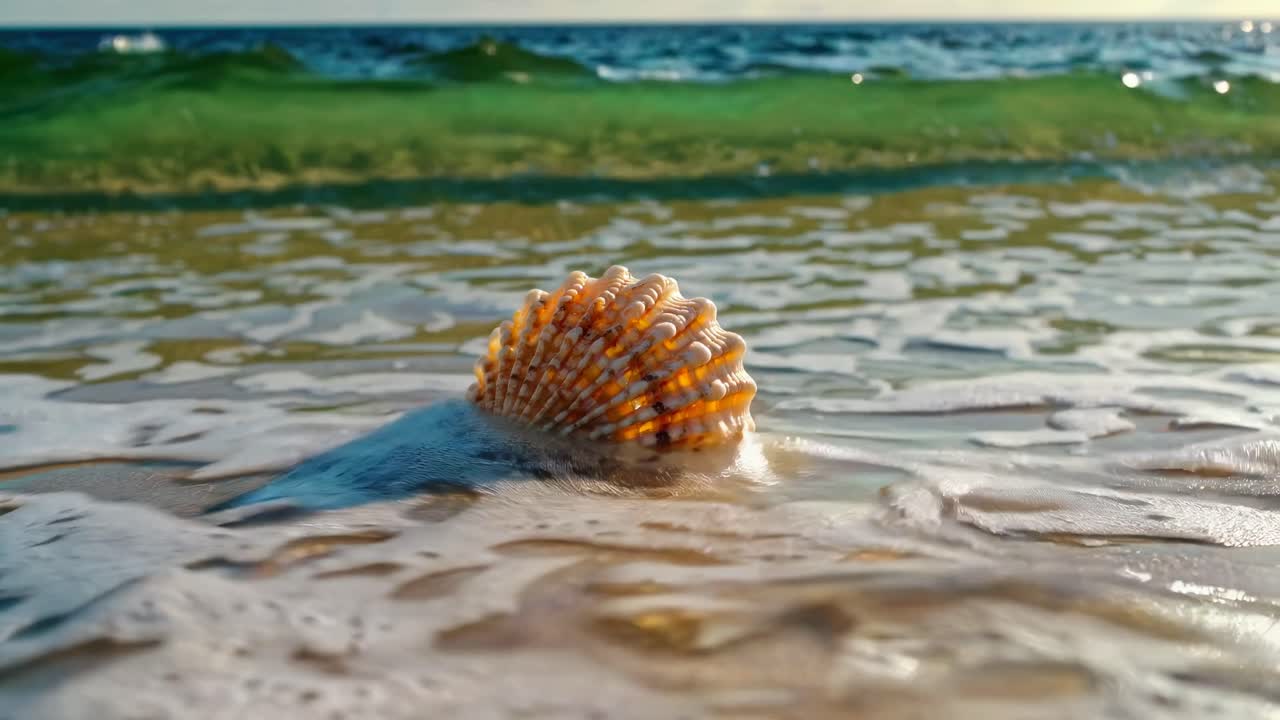 Video captures a serene beach scene with a seashell partially submerged in sand, waves gently