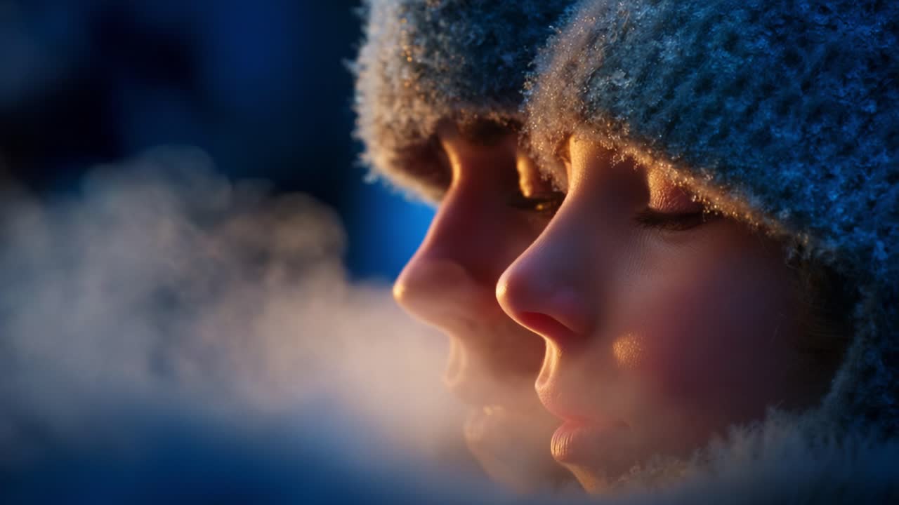Kahdet kasvot säteilevät lämpöä kylmässä, hengitys näkyy huurteisessa ilmassa, mikä vangitsee talvisen yhdessäolon kauneuden seesteisen lumisen taustan keskellä