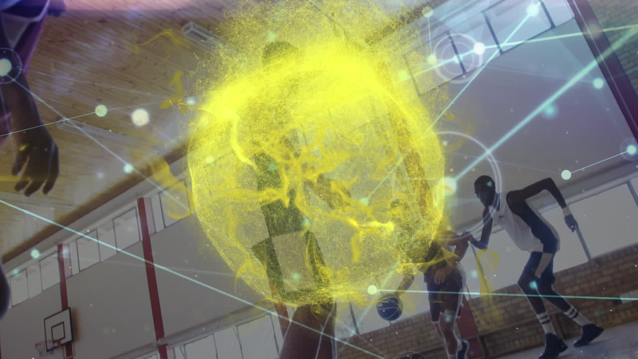 animación de humo amarillo sobre diversos jugadores de baloncesto masculinos en la cancha