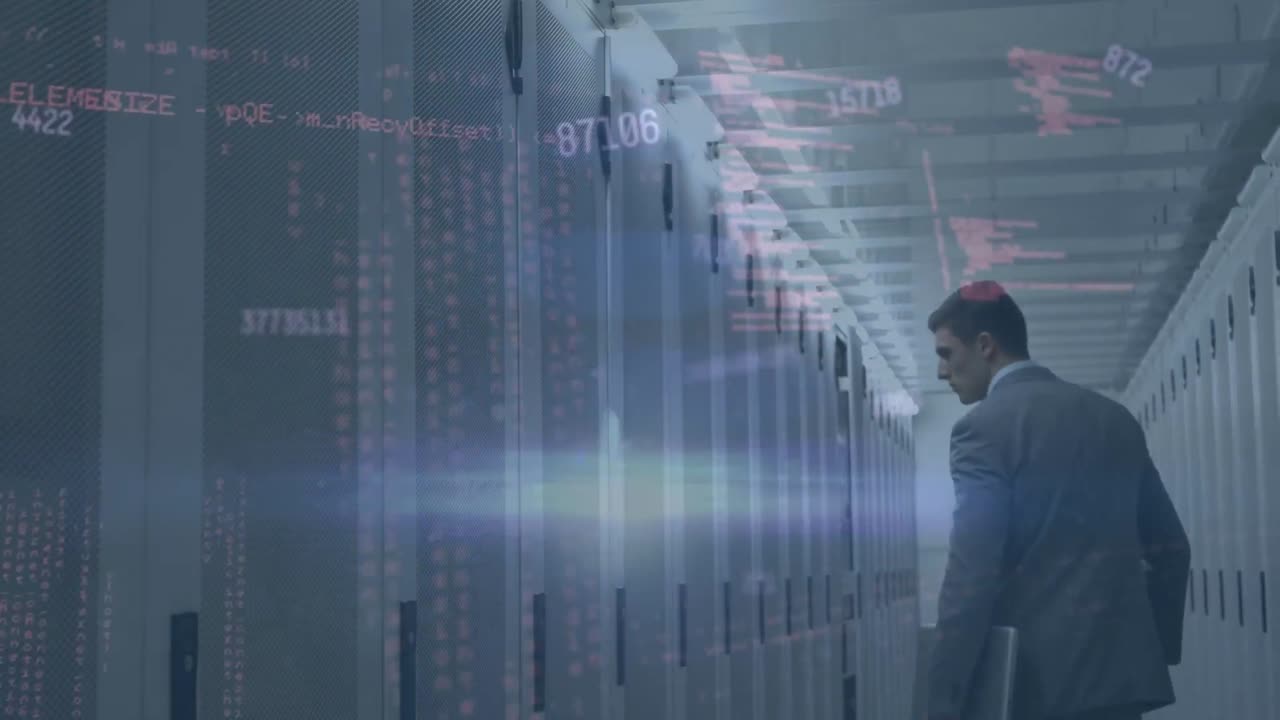 Animation af databehandling over en forretningsmand i et serverrum.