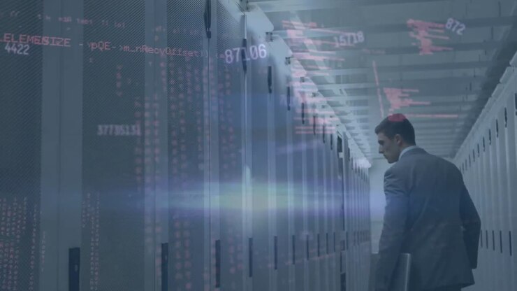 Animation af databehandling over en forretningsmand i et serverrum.