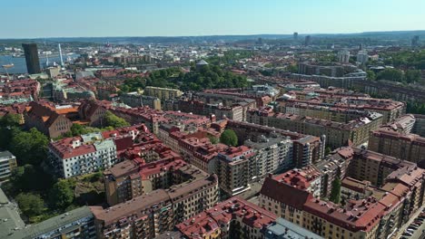 Aerial-over-the-colorful-rooftops-of-Linnestaden-or-Linne-in-Gothenburg,-Sweden