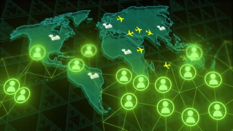 Global logistics and communication network animation over world map with icons