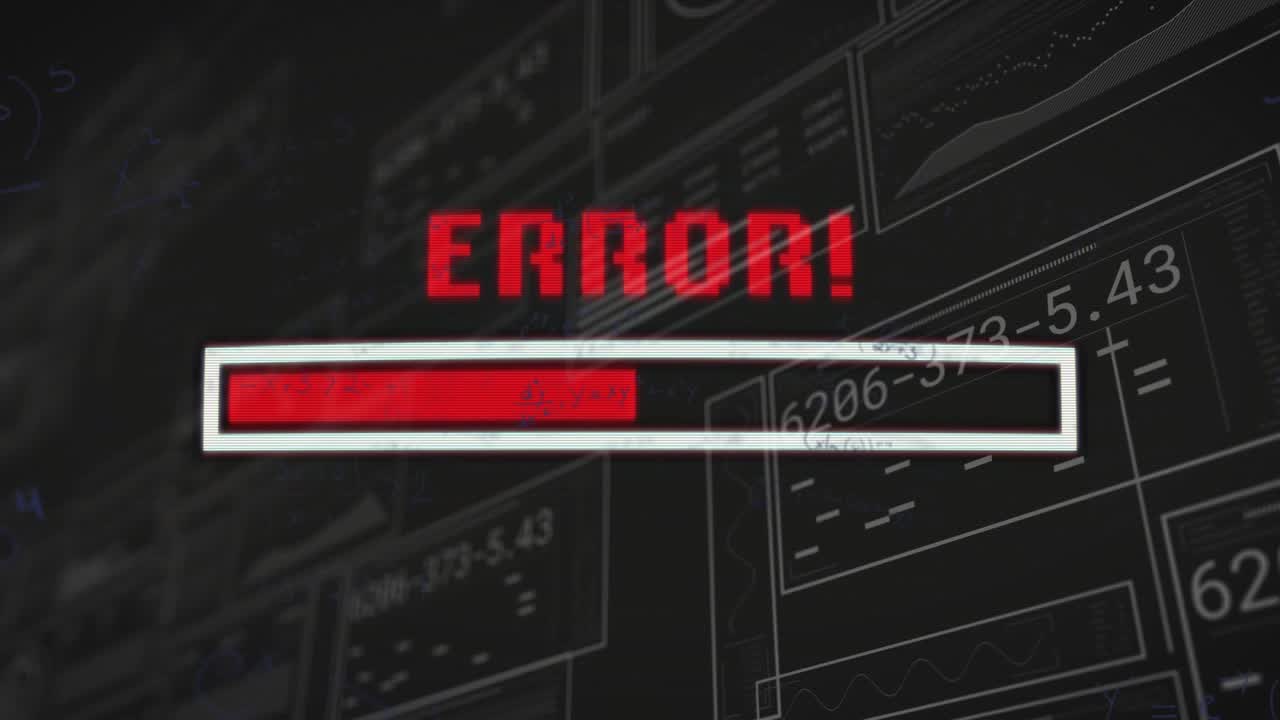 Glitch distorting loading bar on wireframe grid switching to ERROR with red fill signaling failure