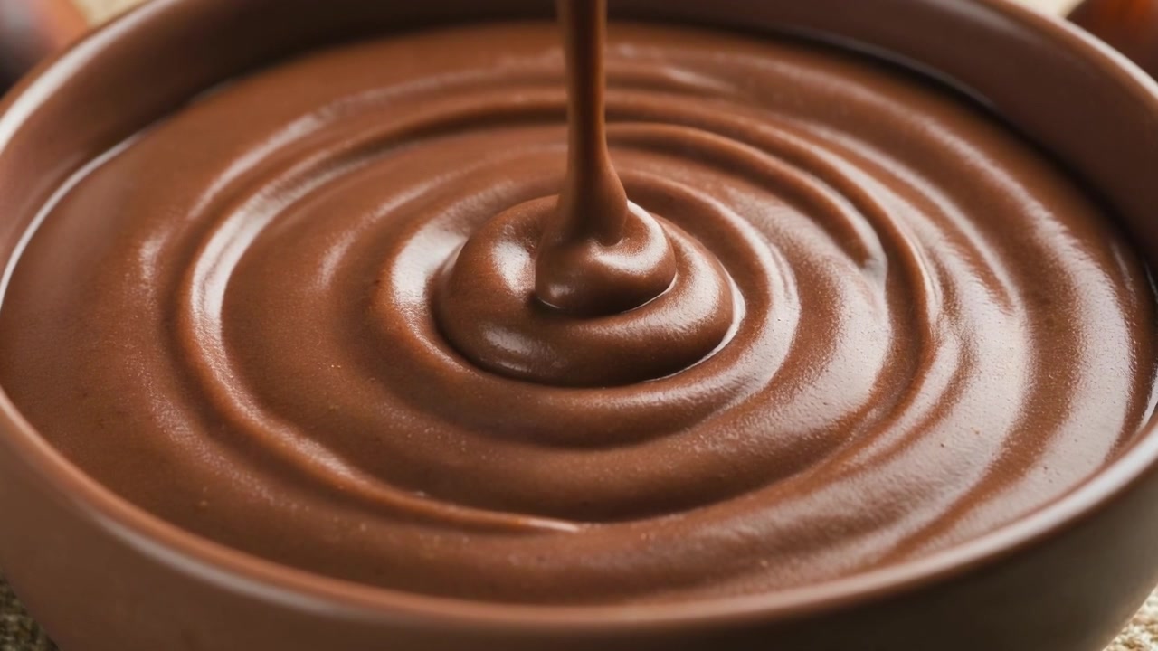 Cioccolato fuso vellutato che si versa in una ciotola di ceramica