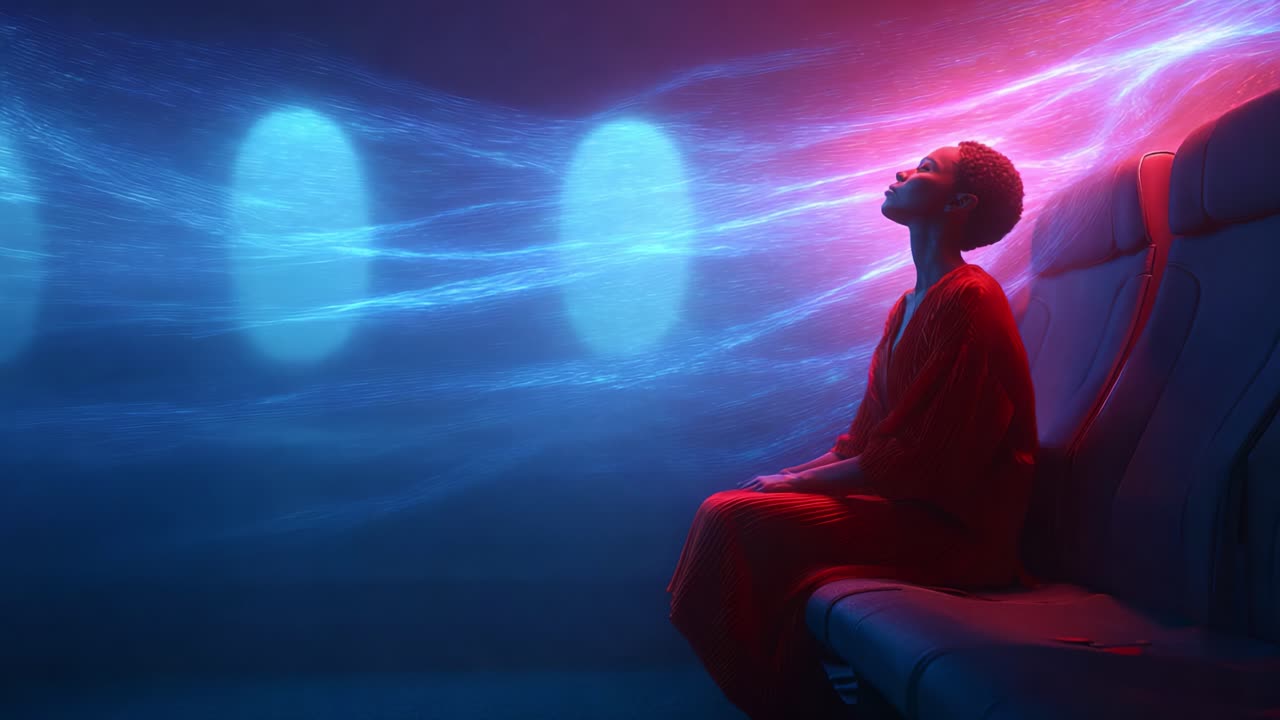 A Contemplative Journey: A Solo Figure in a Dimly Lit Space, Bathed in Ethereal Lights Reflecting an Emotional and Reflective State of Mind