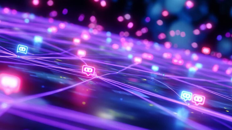 A mesmerizing digital network filled with vibrant nodes and interconnected lines, illustrating the complexities of modern communication and the dynamic flow of information in a visually striking manner