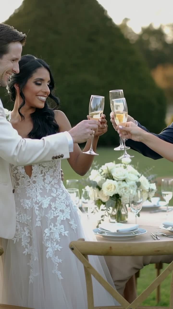 Coppia di novelli sposi e un invitato che brindano sul prato accanto a un tavolo con flûte di champagne, la sposa in abito di pizzo.