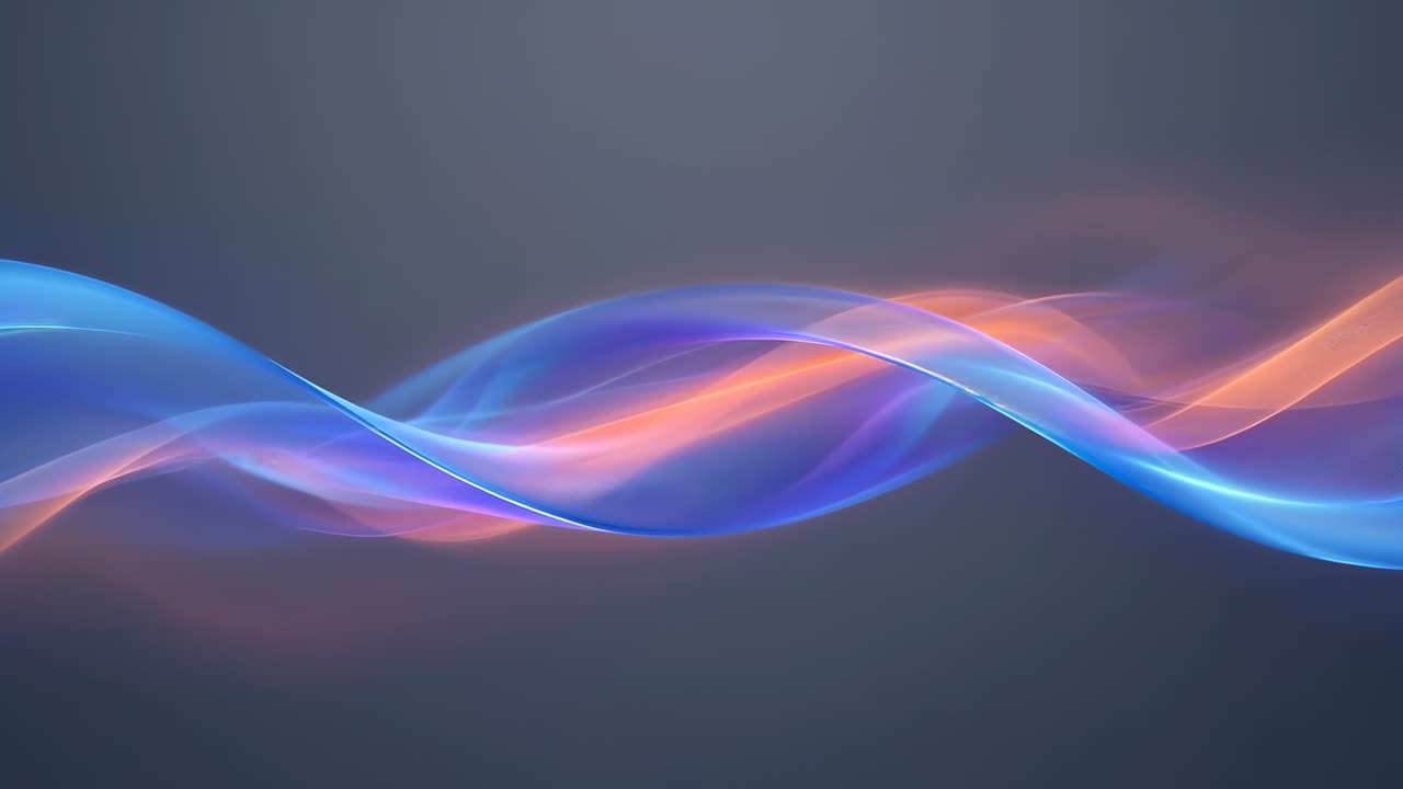 Avvio della riproduzione, nastri blu e rosa-arancio che ondeggiano su uno sfondo con gradiente scuro, lasciando scie luminose