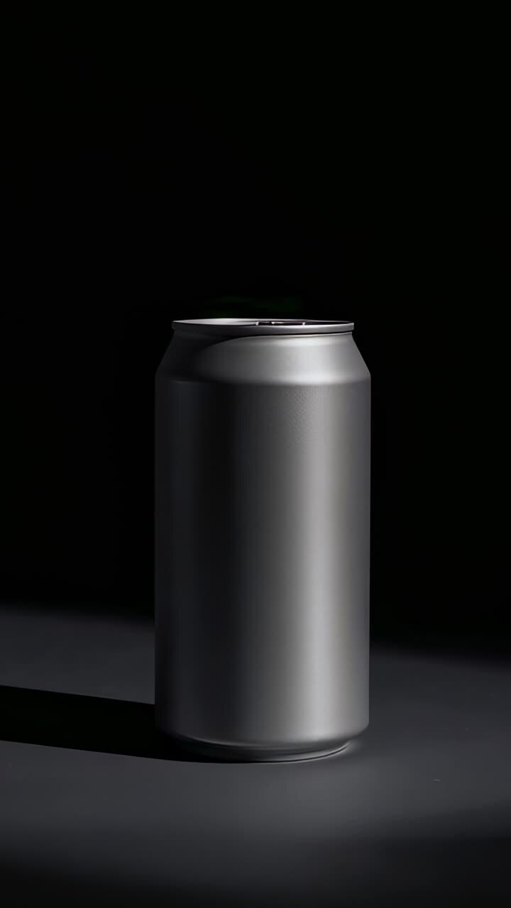 Vertical video: Platform activating silver can spinning under spotlight at studio, showcasing sheen