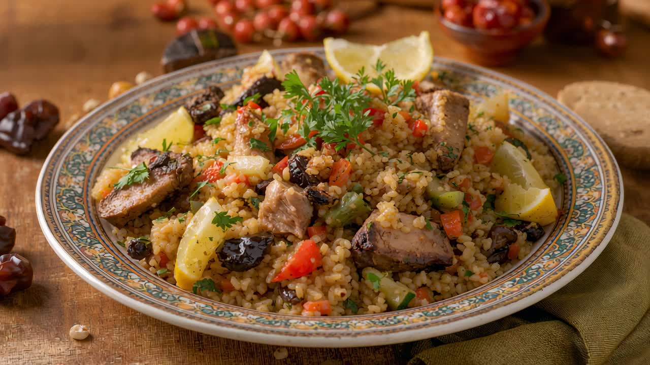 Cámara avanzando realizando un zoom lento sobre una mesa cálida, revelando detalles de ensalada de bulgur y carne sellada.