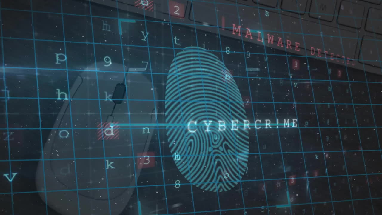 анимация текста киберпреступности, с иконами замков и сканированием отпечатков пальцев на обработке данных