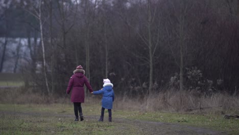 people walk gloomy park in january