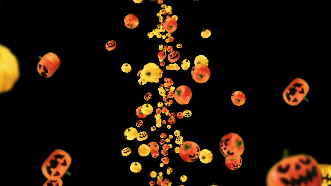 흑색 배경에 많은 오렌지색과 노란색 호박을 날아다니며, 미소와 함께 만화 얼굴, 할로윈 휴가에 대한 3d 애니메이션, 루프 애니메이션.
