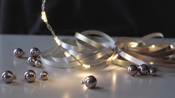 Illuminazione a LED a fili discendenti con 2 bobine di nastro su un tavolo che fanno rotolare le palline in avanti, creando un bagliore