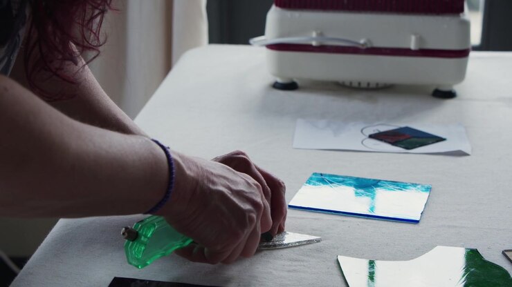 An art teacher demonstrates how to score glass for her students. She uses a teal tool with a wheel to follow a line along the piece.