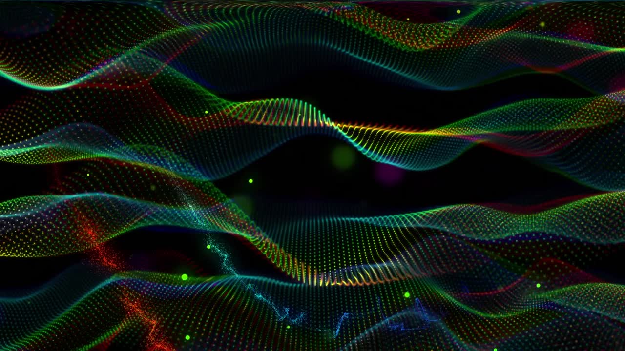 Animation of glowing multi coloured mesh light trails moving on back background