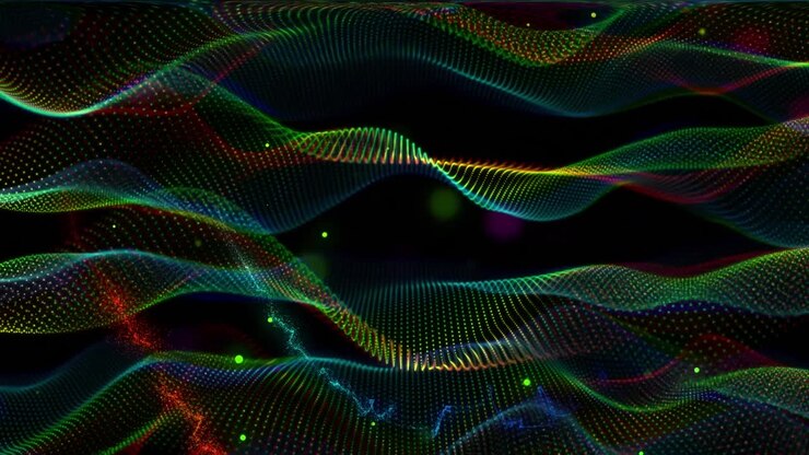 Animation of glowing multi coloured mesh light trails moving on back background