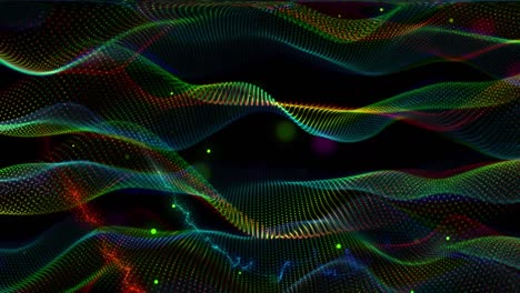 animation of glowing multi coloured mesh light trails moving on back background