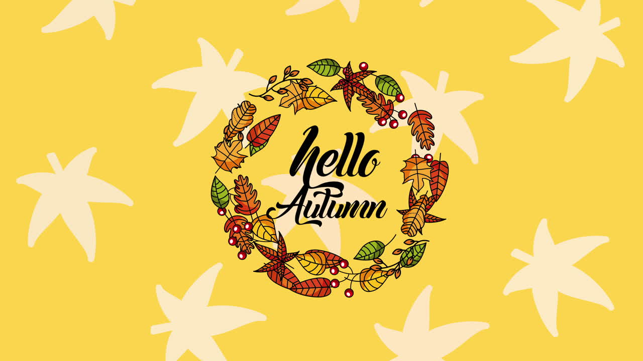 칼리그래피와 잎 애니메이션으로 가을 계절을 환영합니다.