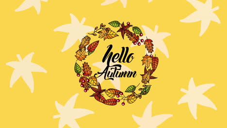 hola temporada de otoño con caligrafía y animación de hojas