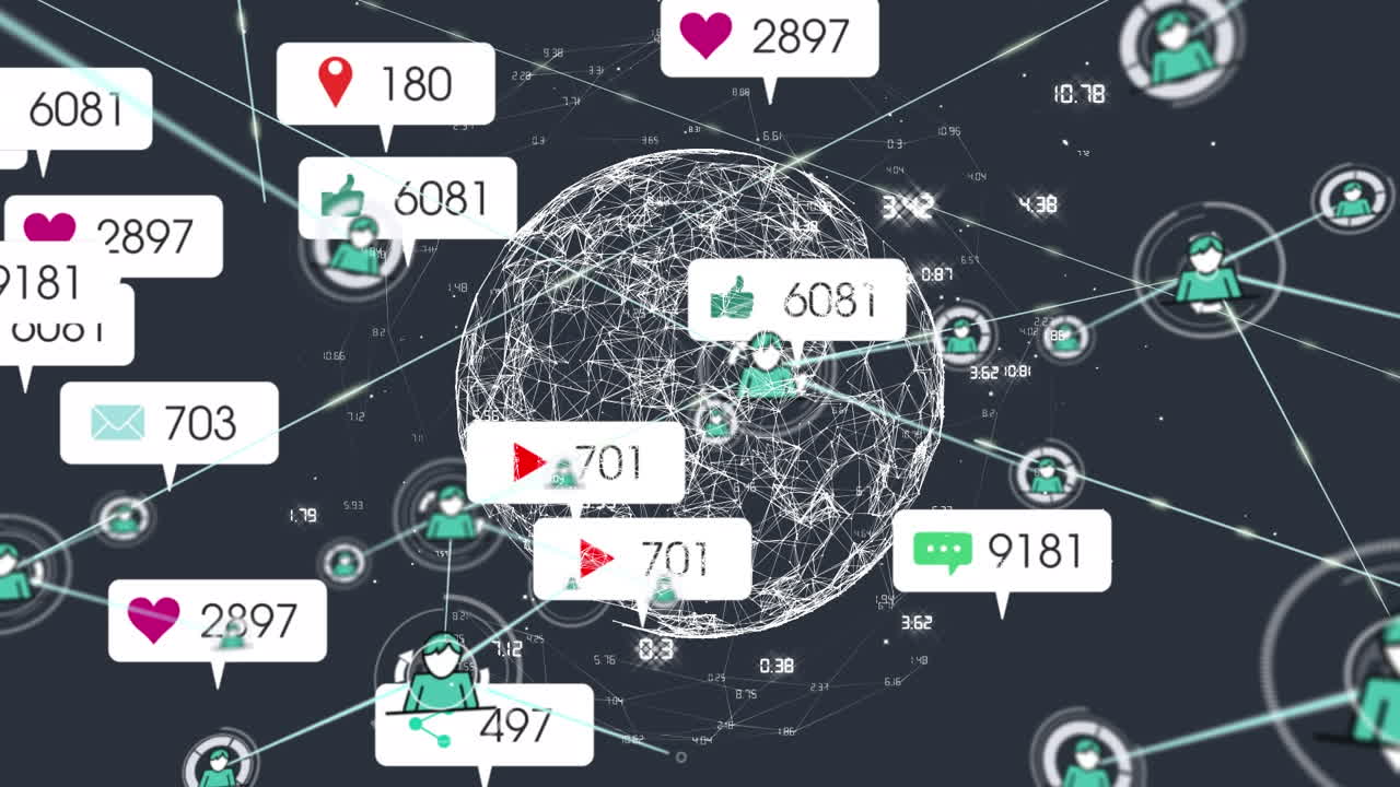 검은색 배경에 미디어 아이콘과 연결 네트워크의 애니메이션