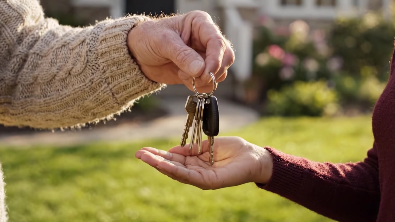 Uno scambio personale di chiavi significa un nuovo inizio, fiducia e responsabilità condivise, mentre due individui si impegnano in una significativa consegna fuori da un'incantevole casa.