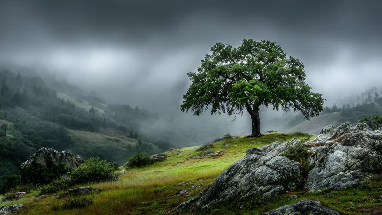 A Majestic Lone Tree Stands Resilient Amidst the Misty Mountains, Surrounded by Rocky Outcrops and Verdant Grasslands under a Dramatic Overcast Sky