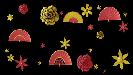 Animation-of-chinese-red-and-gold-pattern-on-black-background