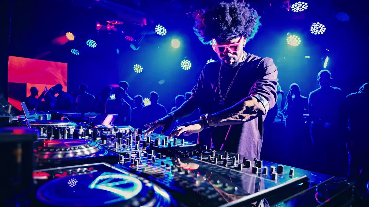 A vibrant video scene captures a DJ in action at a club, shot from a low angle