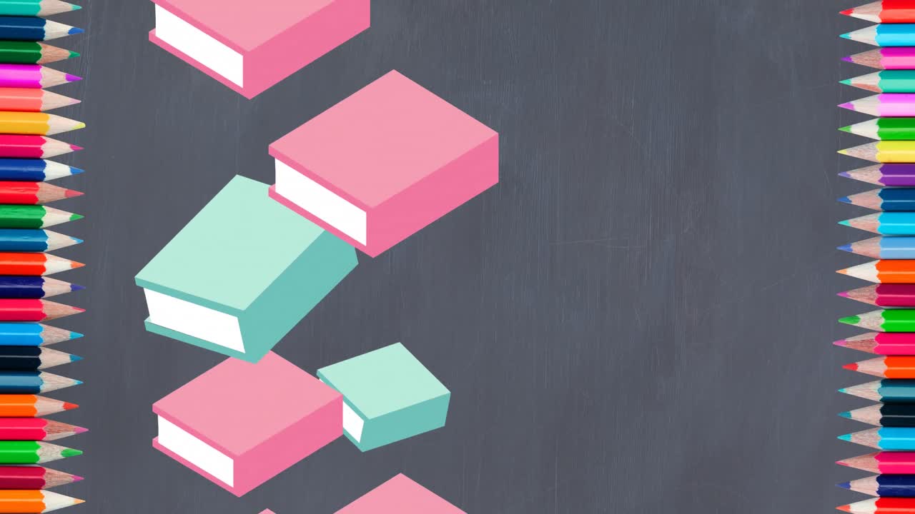 animación de iconos digitales de libros sobre lápices de colores y pizarra