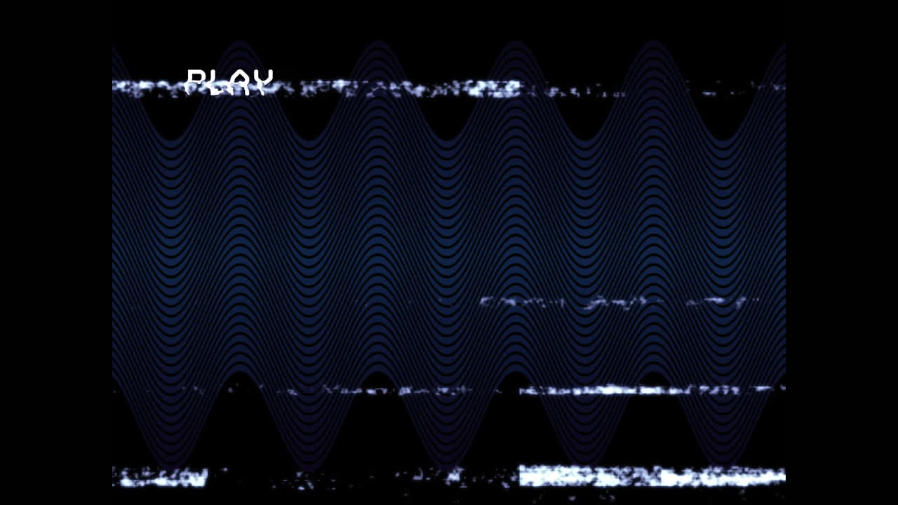Animation of text play, on video playback interface, with lines of white interference on black