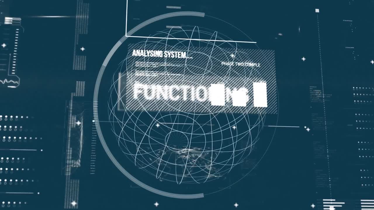 Animation of texts over globe, map, loading bars and graphs against abstract background