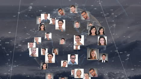 Animation-of-globe-with-connections-and-photos-of-diverse-business-people