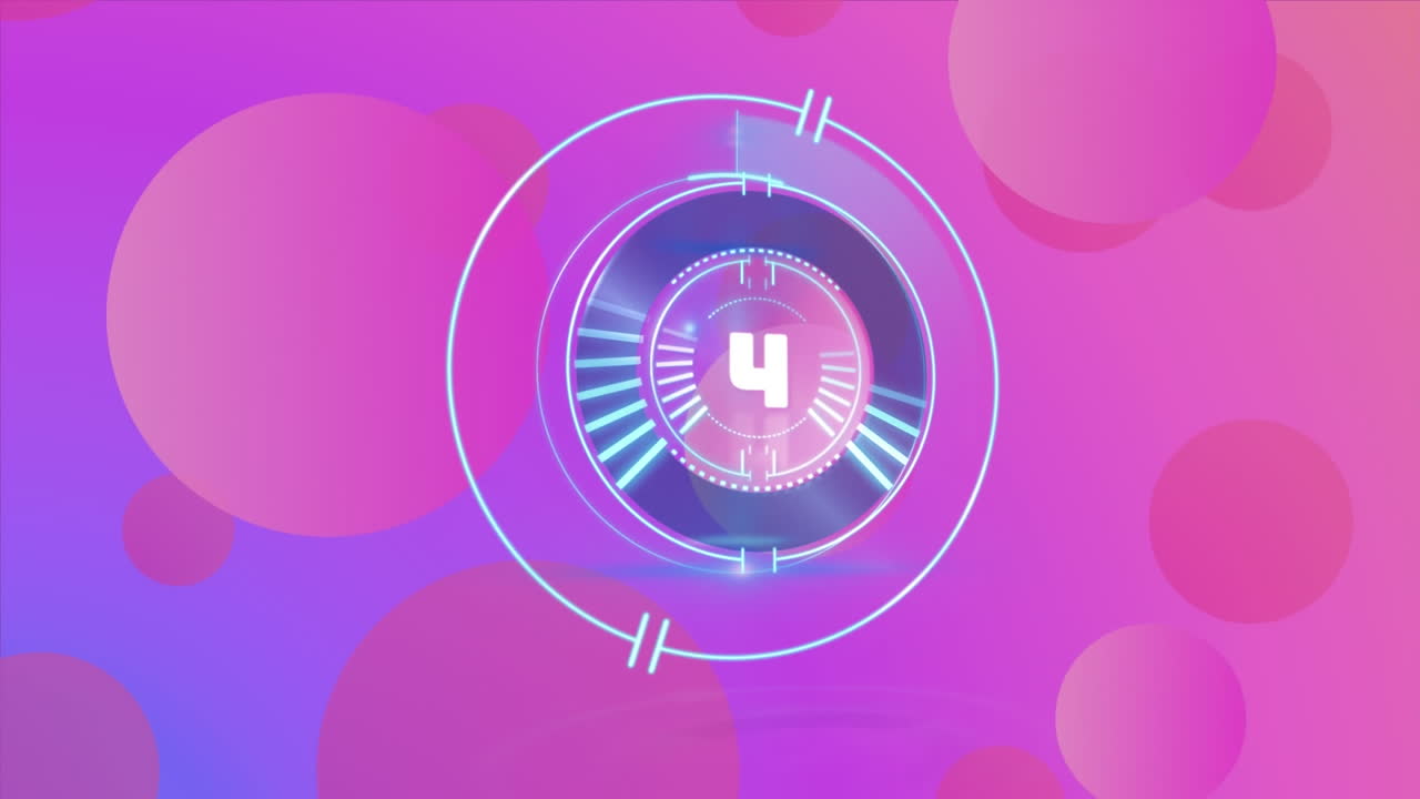 Animation of countdown from 10 to 0 in loading circles over circles against purple background