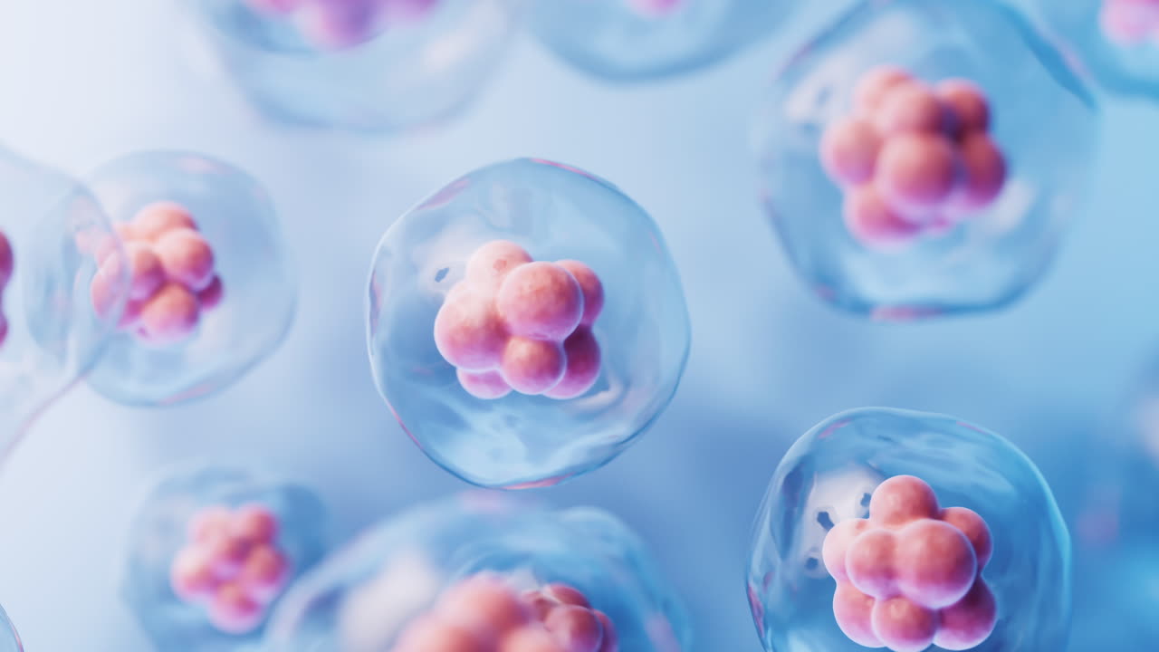 투명한 세포와 생명공학 및 화장품 개념, 3d 렌더링